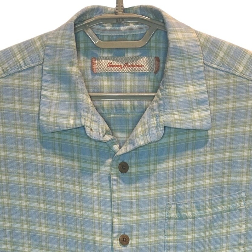 Tommy Bahama Silk Plaid Shirt Large Mens Blue Green Short Sleeve Camp Button